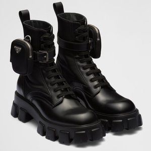 Prada Men's Monolith Brushed Leather/Nylon Boots With Pouch